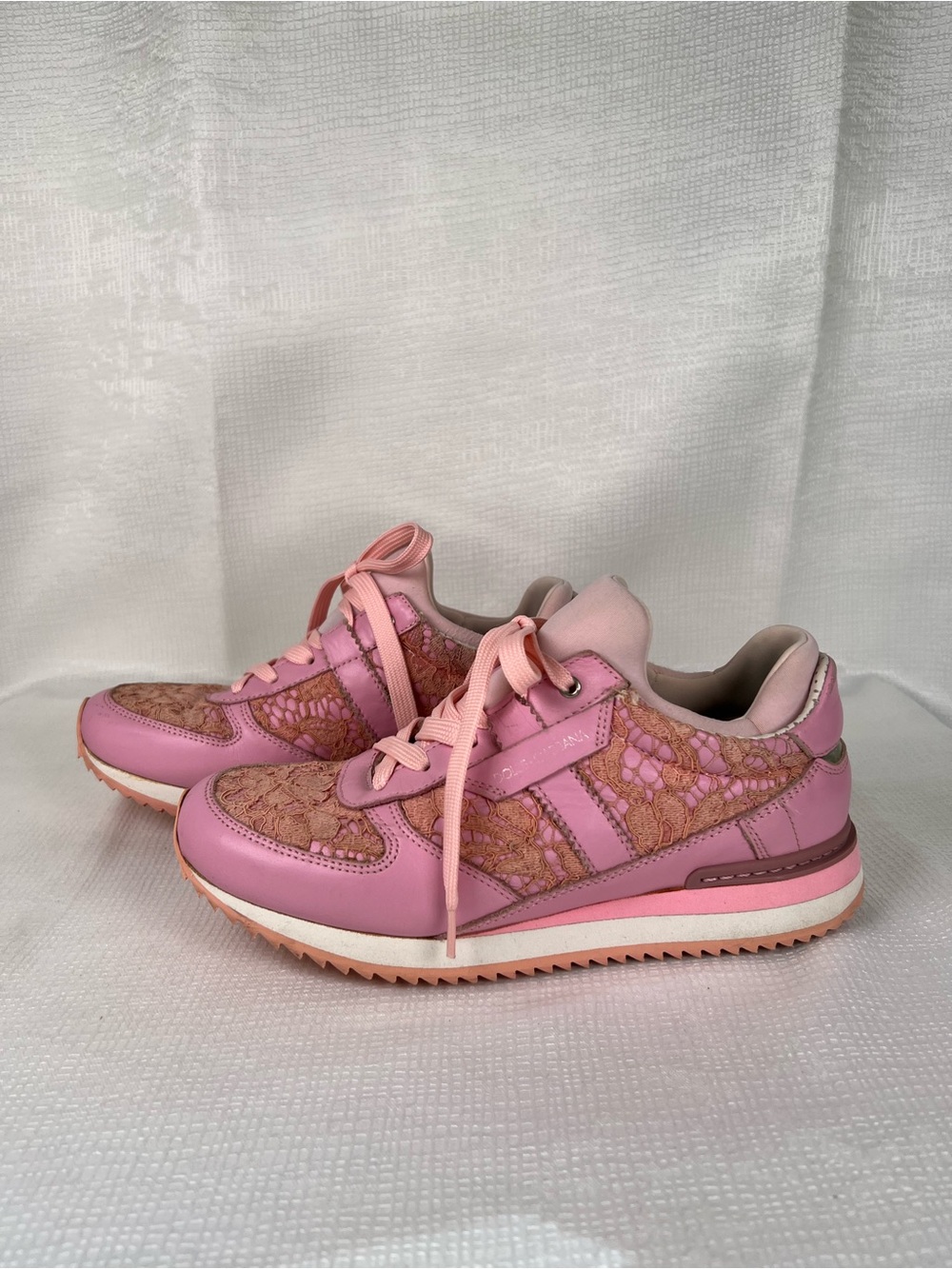 Dolce & Gabbana Pink Floral Lace Calfskin Sneakers Size 36.6/6.5